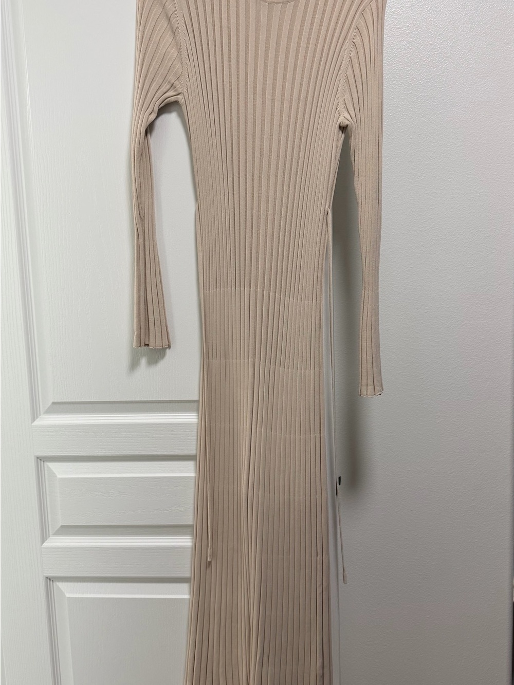 DISSH Long-Sleeve Ribbed Midi Dress in Beige